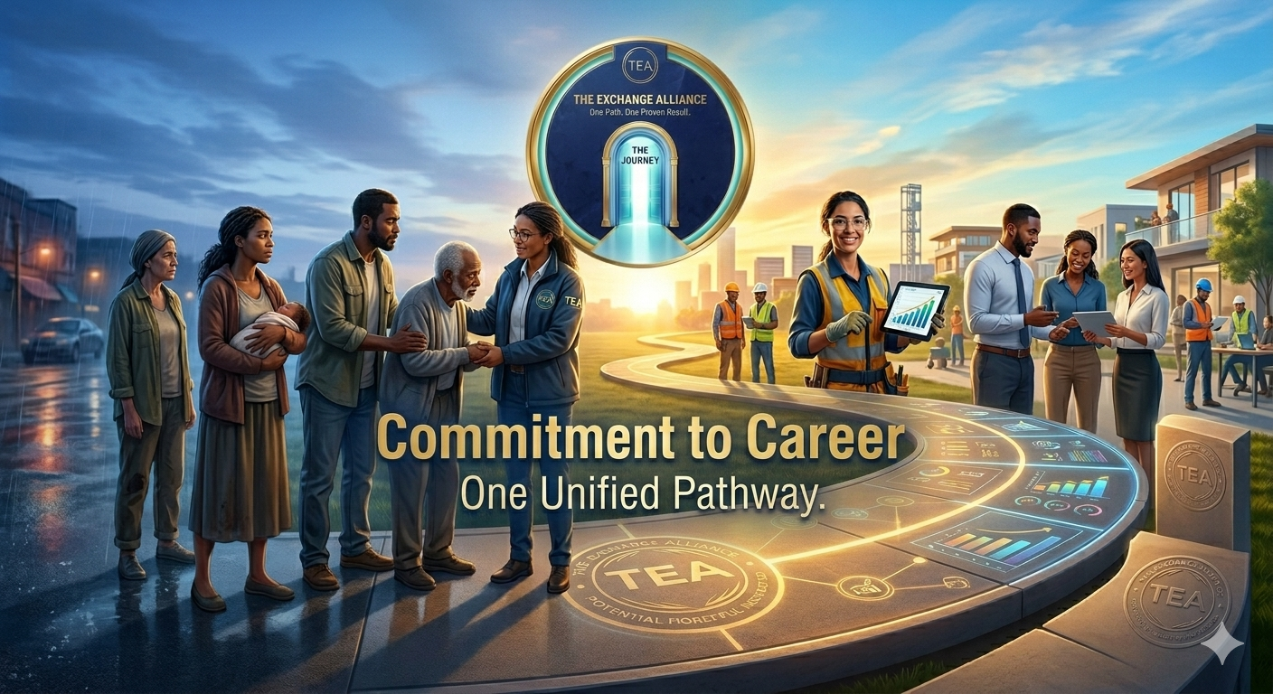 The Exchange Alliance: families and individuals on the left transitioning along an illuminated pathway under the TEA medallion to a vocational outcome on the right, captioned 'Commitment to Career · One Unified Pathway.'